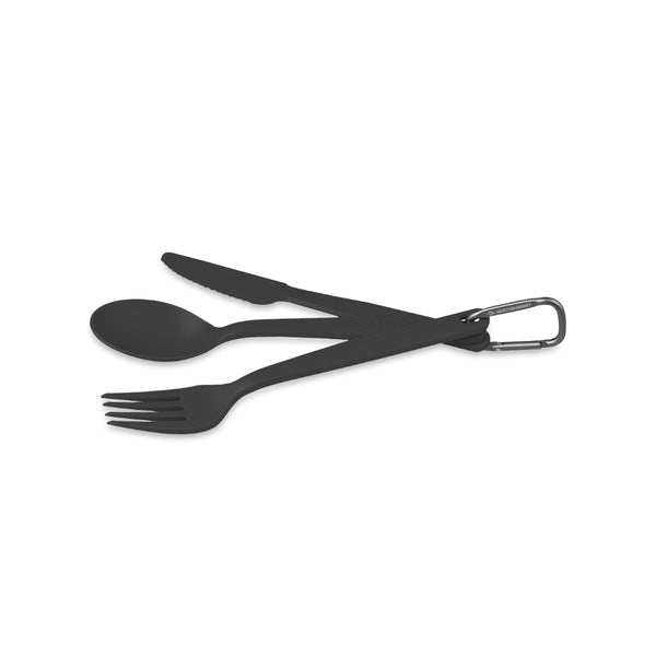 Charcoal | Sea To Summit Camp Cutlery 3 Piece Set Image Showing Knife, Fork, And Spoon On A Carabiner(Included).