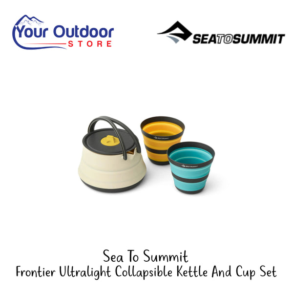 Sea To Summit Frontier Ultralight Collapsible Kettle And Cup Set | Hero Image Showing All Logos And Titles.