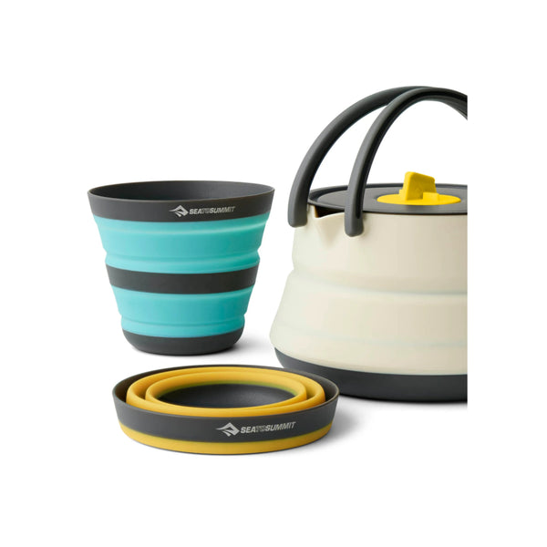 White | Sea To Summit Frontier Ultralight Cook Set Image Showing One Cup Collapsed Infront Of Cup Two And Kettle.