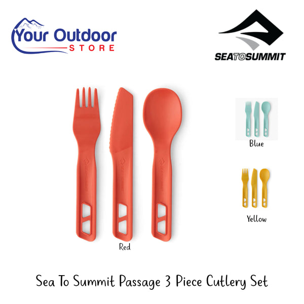 Sea To Summit Passage 3 Piece Cutlery Set | Hero Image Showing All Logos, Titles And Variants.