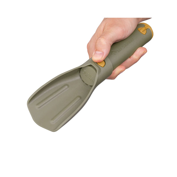 Brown | Sea To Summit Pocket Trowel Image Showing The Press Button For Opening And Closing The Trowel.