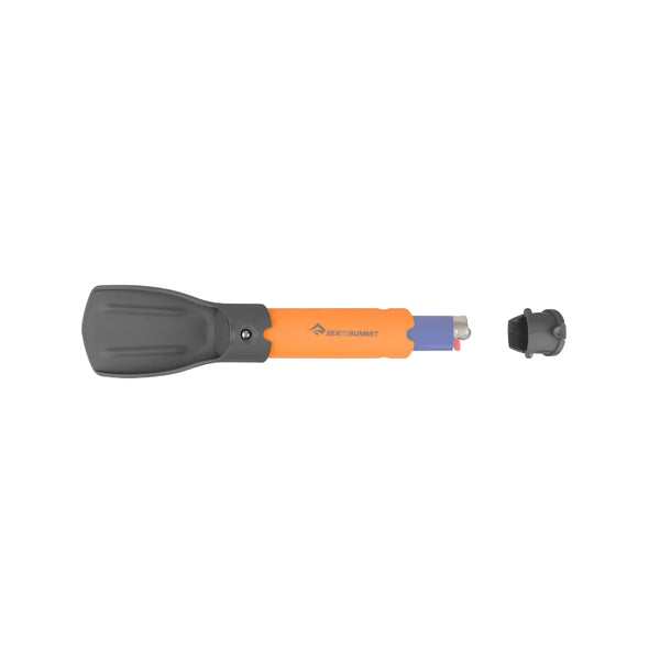Grey / Orange | Sea To Summit Pocket Trowel Image Showing End Cap Off, With A Lighter (Not Included) To Show The Size Of The Storage Space.