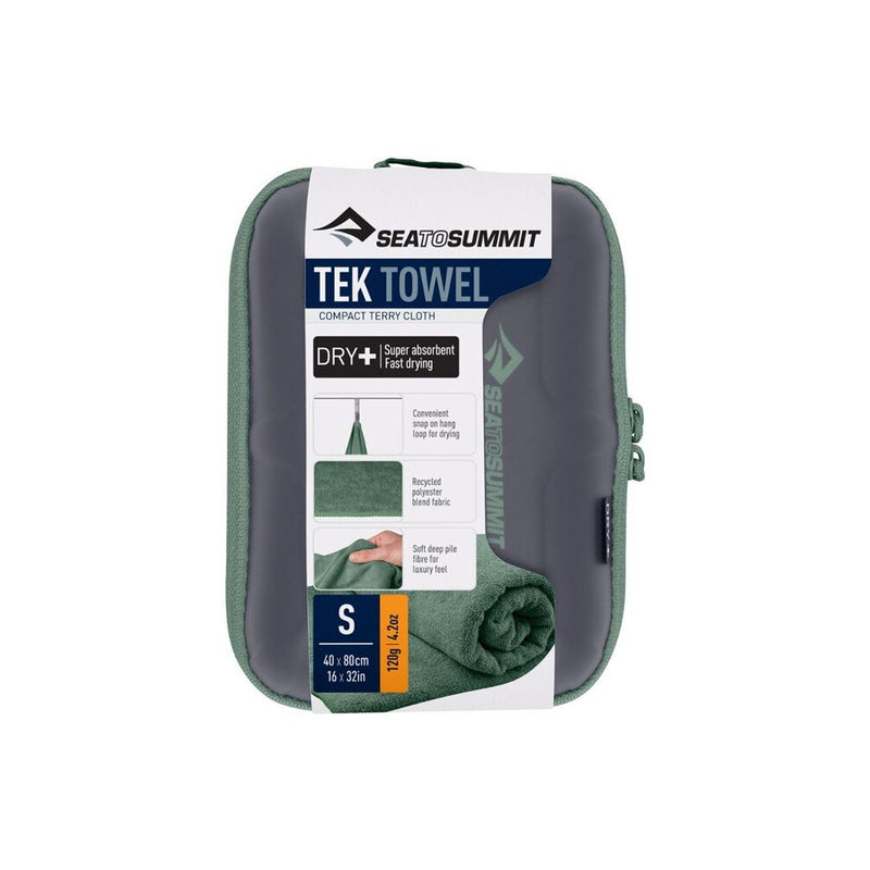 Sage Green | Sea To Summit Trek Towel Image Showing Stock Image Of The Trek Towel In Its Case And Packaging.