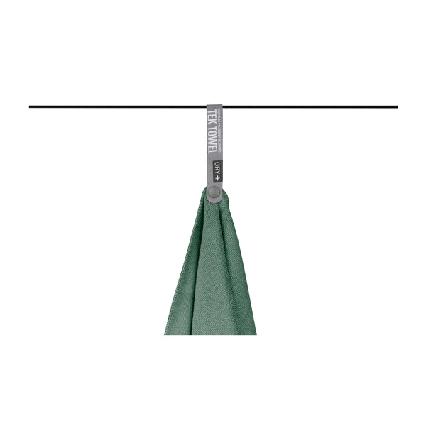 Sage Green | Sea To Summit Trek Towel Image Showing Towel Hanging Up To Dry After Being Wrung Out.