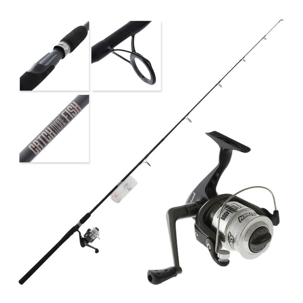 Black / Grey | Shakespeare Catch More Fish Wharf/Jetty Combo Image Showing Close UP Of All Components Of The Rod And Reel Combo.