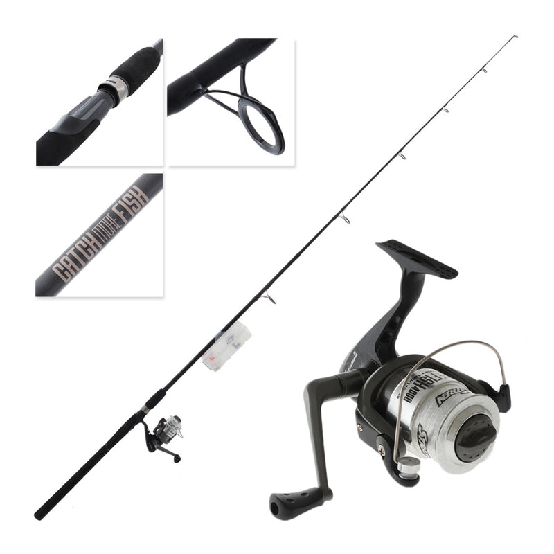 Black / Grey | Shakespeare Catch More Fish Wharf/Jetty Combo Image Showing Close UP Of All Components Of The Rod And Reel Combo.