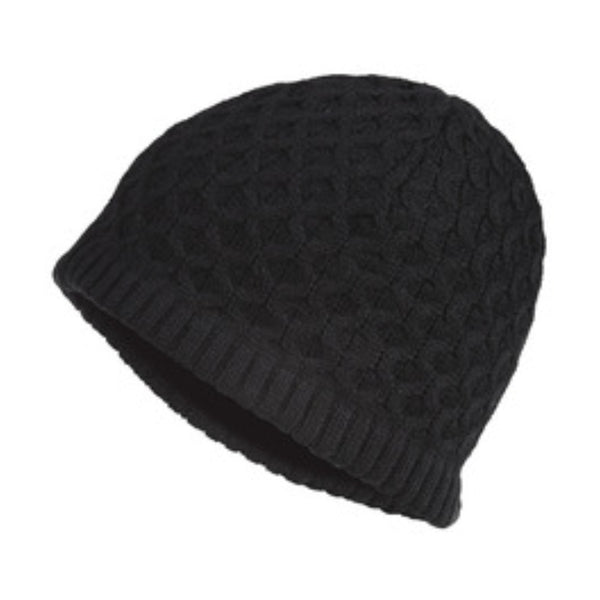 Black | Sherpa Lhamu Beanie Showing Close Up Of Knit Pattern. 