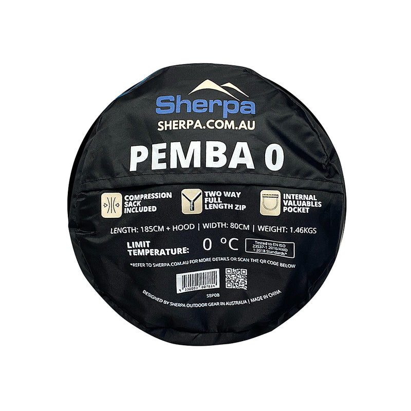 Teal | Sherpa Pemba 0 Sleeping Bag Image Showing Bottom Of Compression Bag With A Info.