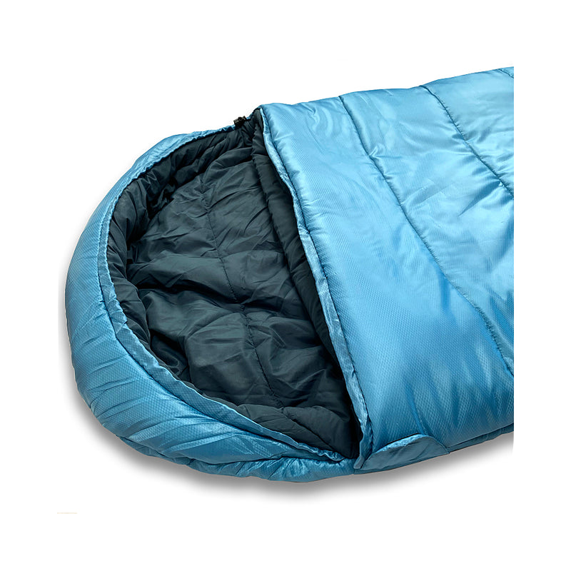 Blue | Sherpa Pemba -10 Sleeping Bag Image Showing Close Up View Of Hood, Zipper Closed.