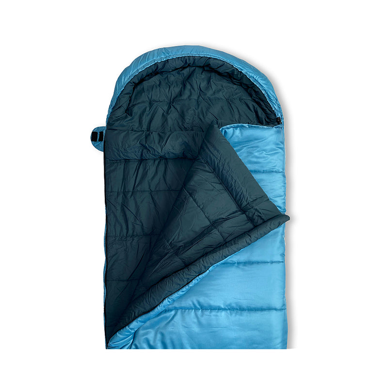 Blue | Sherpa Pemba -10 Sleeping bag Image Showing Close Up View Of Hood, Zipper Open.