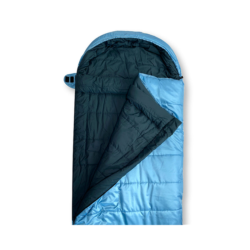 Blue | Sherpa Pemba -5 Sleeping Bag Image Showing Close Up View Of Hood, Zipper Open.