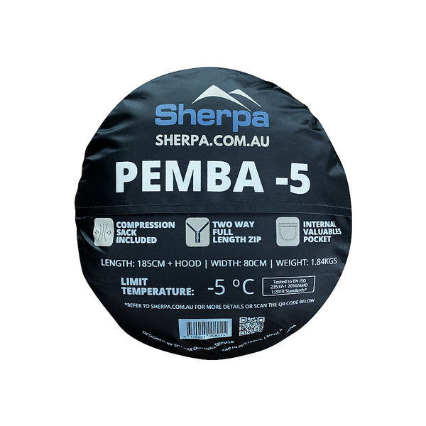 Blue | Sherpa Pemba -5 Sleeping Bag Image Showing Bottom Of The Compression Bag, With Info On Sleeping Bag.