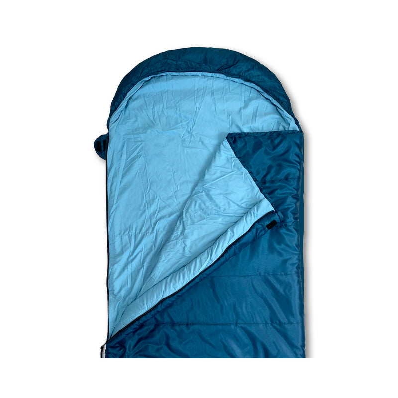 Teal | Sherpa Pemba +5 Sleeping Bag Image Showing Close Up View Of Hood, With Zipper Open.