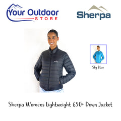 Sherpa Women's Lightweight Down Jacket. Hero Image Showing Variants, Logos and Title. 
