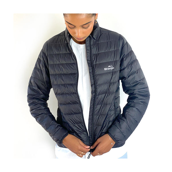 Black | Sherpa Women's Jacket. Front View Unzipped.