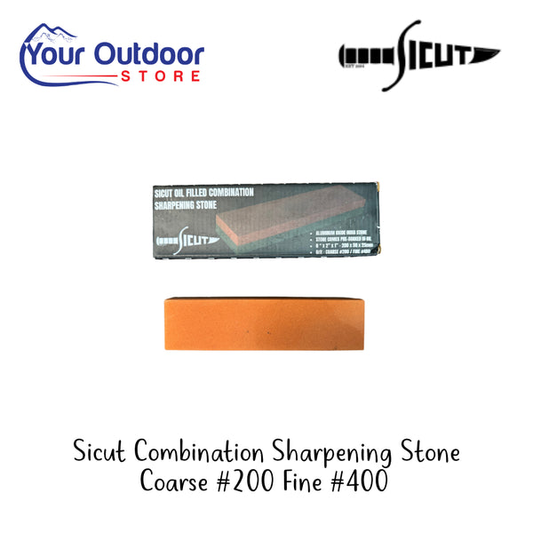 Sicut Combination Sharpening Stone Coarse #200 Fine #400 | Hero Image Showing All Logos Ad Titles.