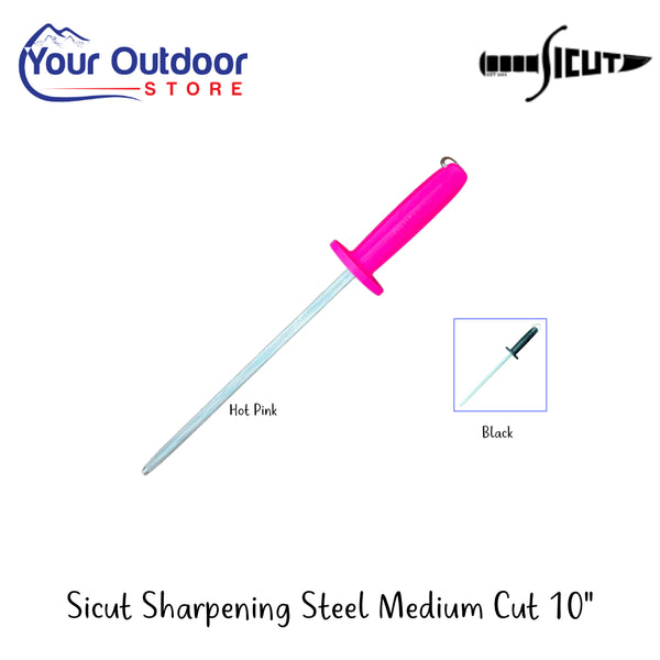 Sicut Sharpening Steel Medium Cut 10'' | Hero Image Showing All Logos, Titles And Variants.