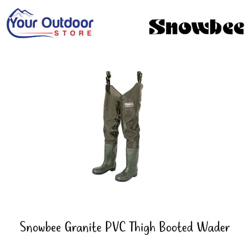 Snowbee Granite PVC Thigh Booted Wader | Hero Image Showing All Logos And Titles.