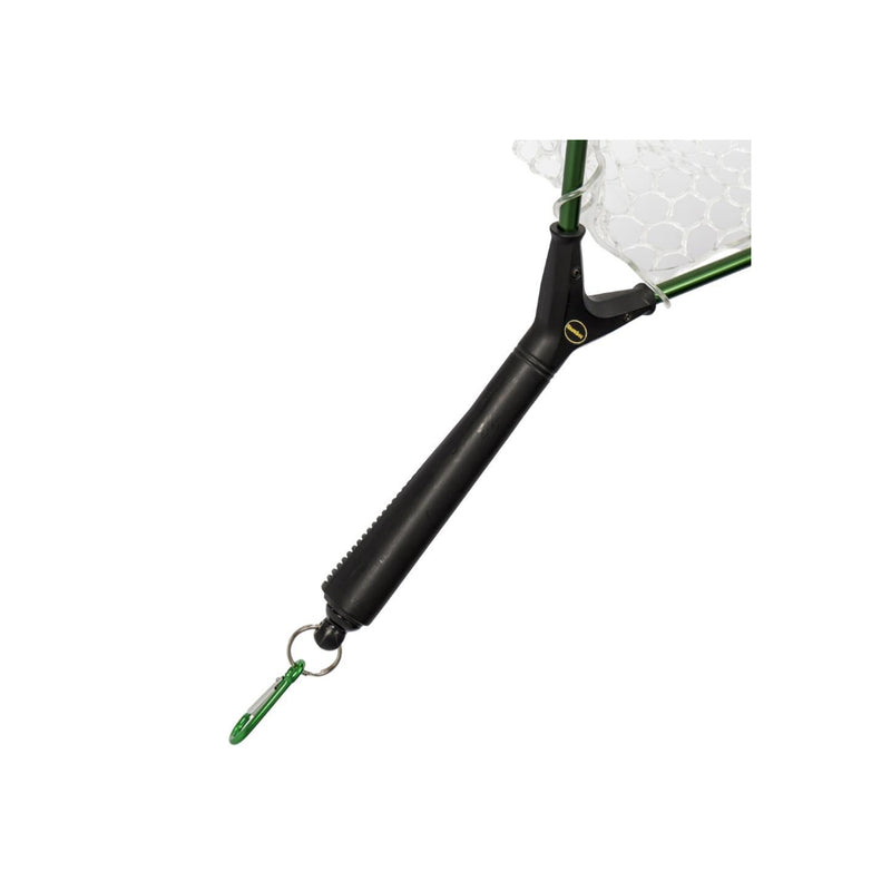 Green | Snowbee Rubber Mesh Small Hand Net With Magnet Release Image Showing Close Up Of The Handle.