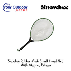 Snowbee Rubber Mesh Small Hand Net With Magnet Release | Hero Image Showing All Logos And Titles.