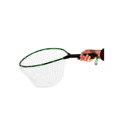 Green | Snowbee Rubber Mesh Small Hand Net With Magnet Release Image Showing Net Held Out, In A Models Hand.