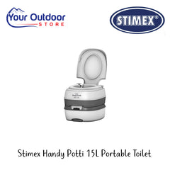 Stimex Handy Potti 15L Portable Toilet | Hero Image Showing All Logos And Titles.