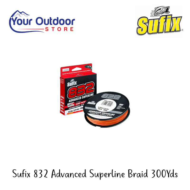 Sufix 832 Advanced Superline Braid 300Yrds | Hero Image Showing All Logos And Titles.