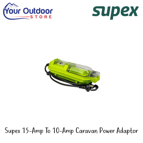 Supex 15-Amp To 10-Amp Caravan Power Adaptor | Hero Image Showing All Logos And Titles.