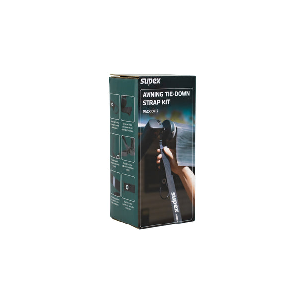 Black / 2 Pack | Supex Awning Tie Down Strap kit Image Showing Product Packaging.