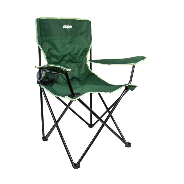 Green | Supex Camp Quad Chair Image Showing Angled Side View, Pocket in View.