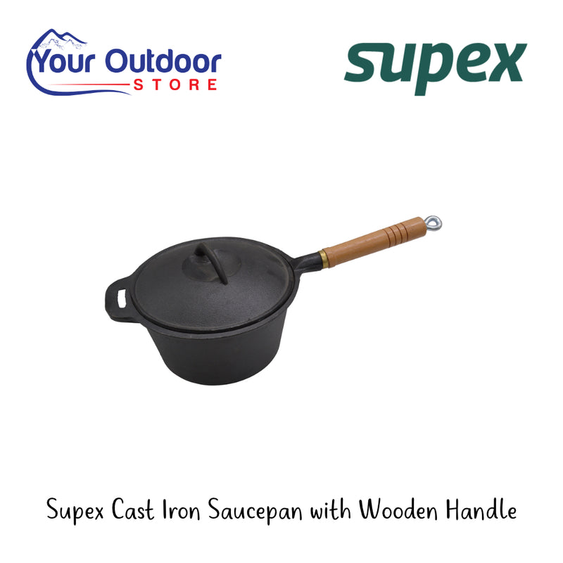 Supex Cast Iron Saucepan With Wooden Handle | Hero Image Showing All Logos And Titles.