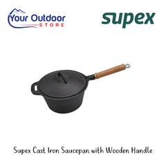 Supex Cast Iron Saucepan With Wooden Handle | Hero Image Showing All Logos And Titles.