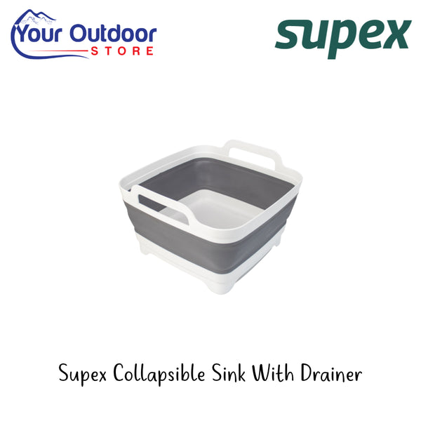 Supex Collapsible Sink With Drainer | Hero Image Showing All Logos And Titles. 