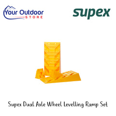 Supex Dual Axel Wheel Levelling Ramp Set | Hero Image Showing All Logos And Titles.