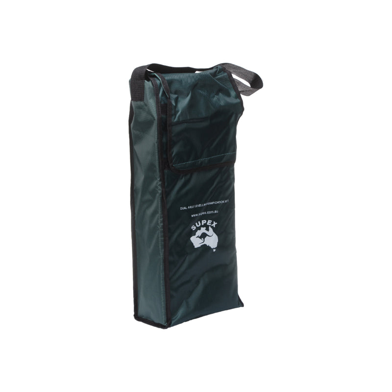 Supex Dual Axel Wheel Levelling Ramp Set | Image Showing Ramp Set Packed Away In The Included Carry Bag.