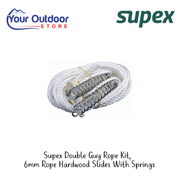 Supex Double Guy Rope Kit 6mm Hardwood Slides With Springs | Hero Image Showing All Logos And Titles.