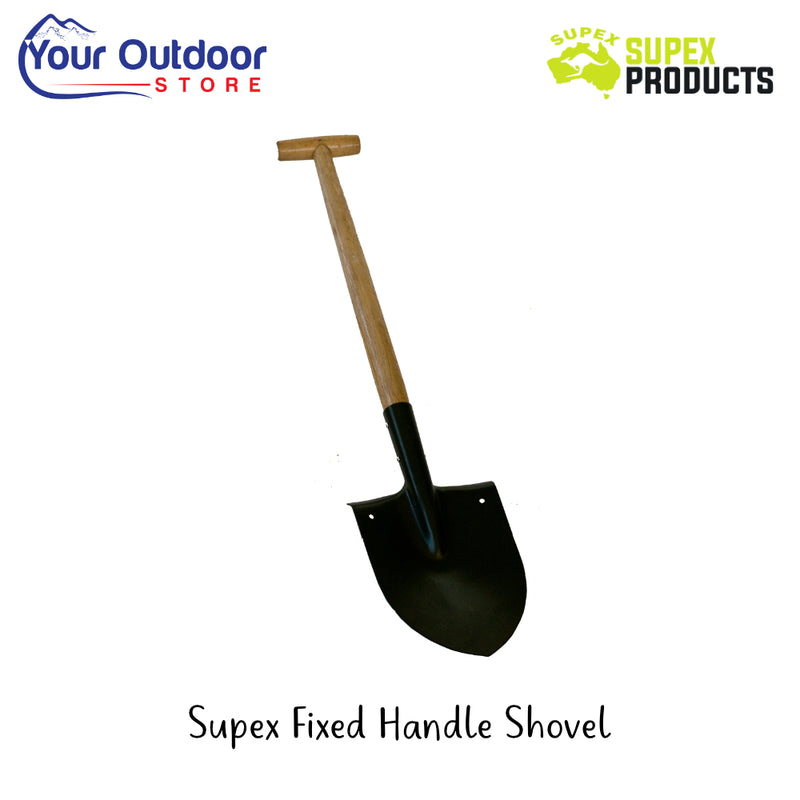 Supex Fixed Handle Shovel | Hero Image Showing All Logos And Titles.