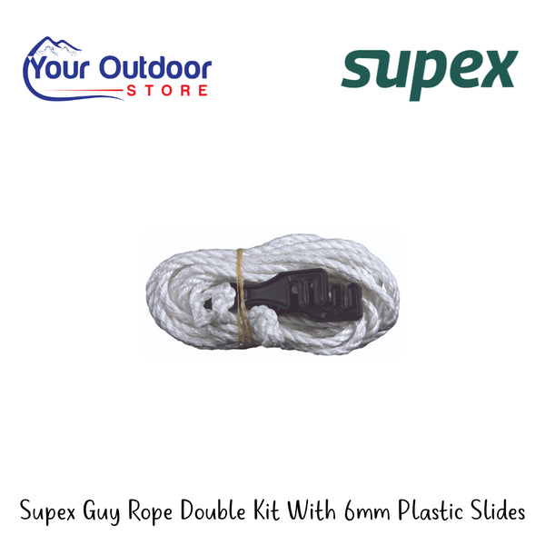 Supex Guy Rope Double Kit 6mm With Plastic Slides | Hero Image Showing All Logos And Titles.