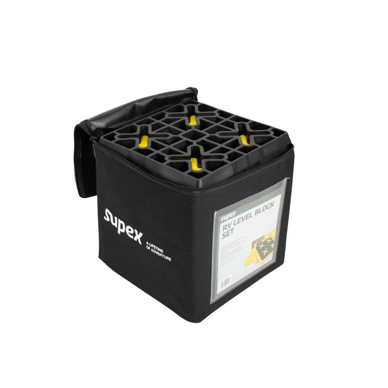 Yellow | Supex RV Level Block Set Image Showing Carry Case With Top Open.