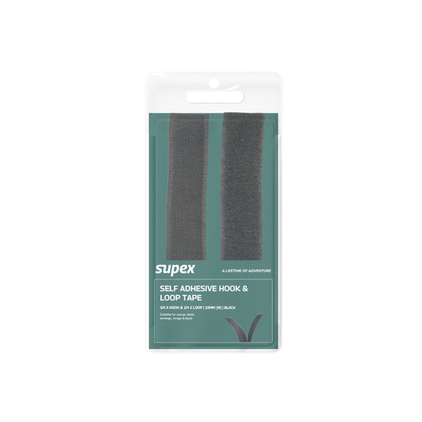 Black | Supex Self Adhesive Hook And Loos Tape Image Showing No Logos Or Titles, In Packaging.