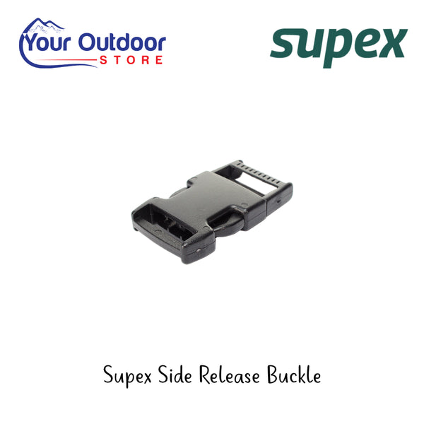 Supex Side Release Buckle | Hero Image Showing All Logos And Titles.