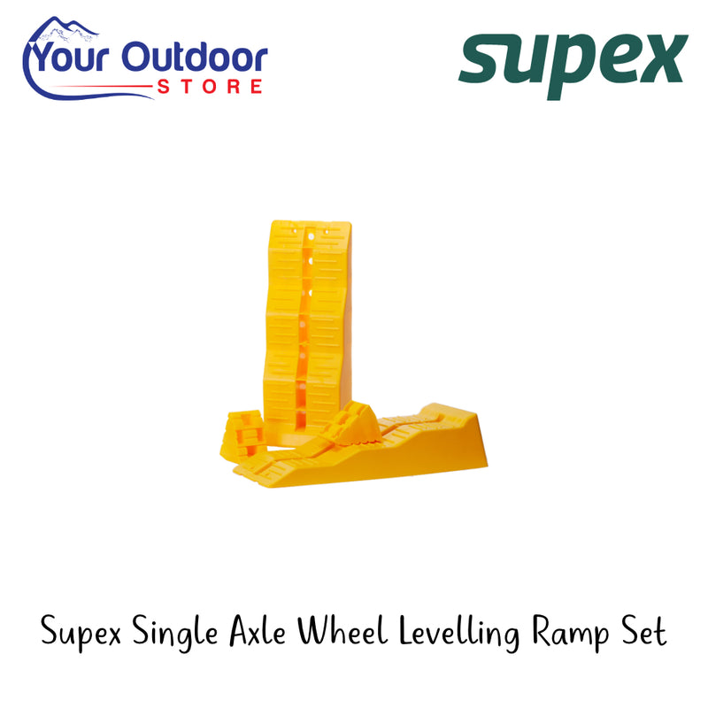 Supex Single Axel Wheel Levelling Ramp Set | Hero Image Showing All Logos And Titles.