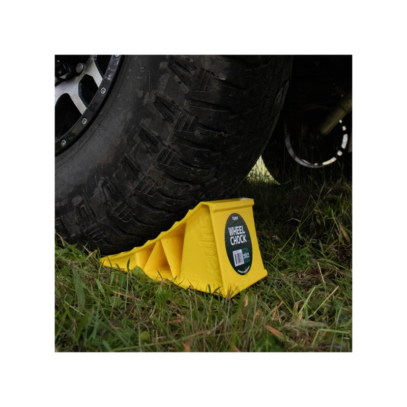 Yellow | Suspex Single Wheel Chock Image Showing Single Wheel Chock Being Used.