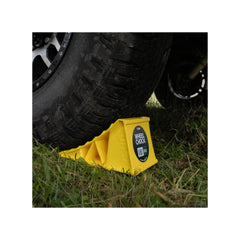 Yellow | Suspex Single Wheel Chock Image Showing Single Wheel Chock Being Used.