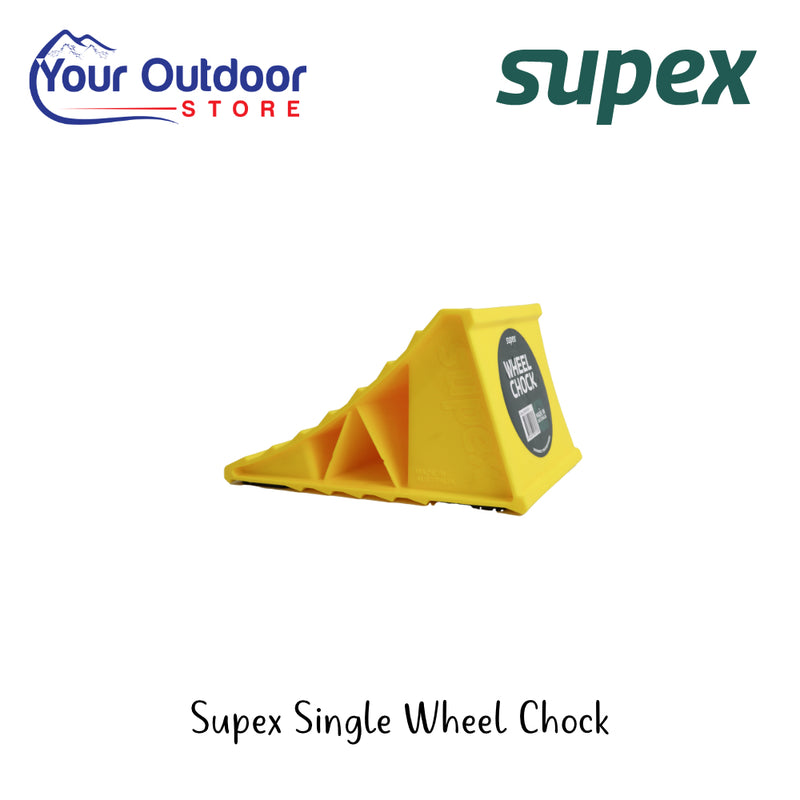 Supex Single Wheel Chock | Hero Image Showing All Logos And Titles.