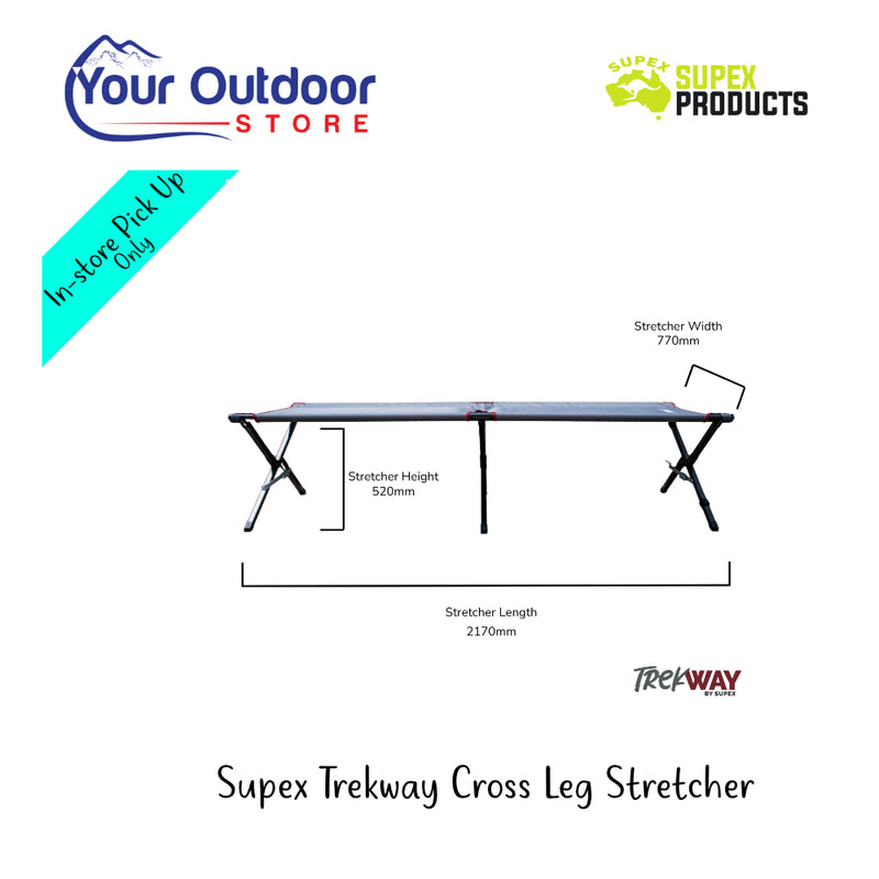 Supex Trekway Cross Leg Stretcher | Hero Image Showing All Logos And Titles.