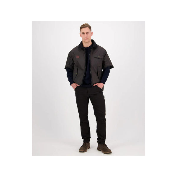 Swanndri 3/4 Sleeve Oilskin Jacket Image Showing Front View With Zips Open.