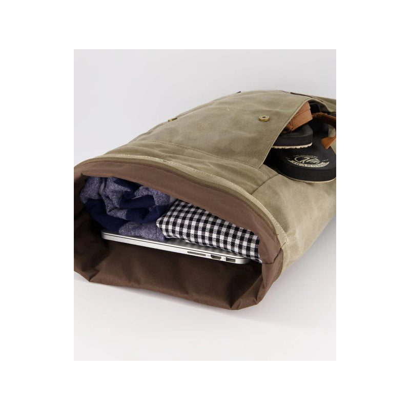 Taupe | Swanndri Arrowtown Back Pack Image Showing Bag Open With Pockets Full Of Gear.