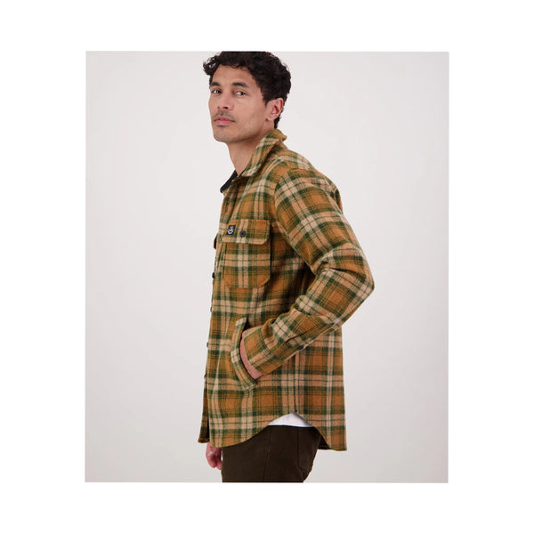 Arizona Check | Swanndri Mens Kiaraki Wool Shacket Image Showing Shacket On A Model Side View, With Models Hand In The Side Pocket.