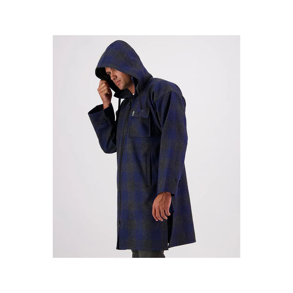 Shadow Navy Check | Swanndri Men's Zip Front Bush Shirt Image Showing Angled Side View, Hood Up.